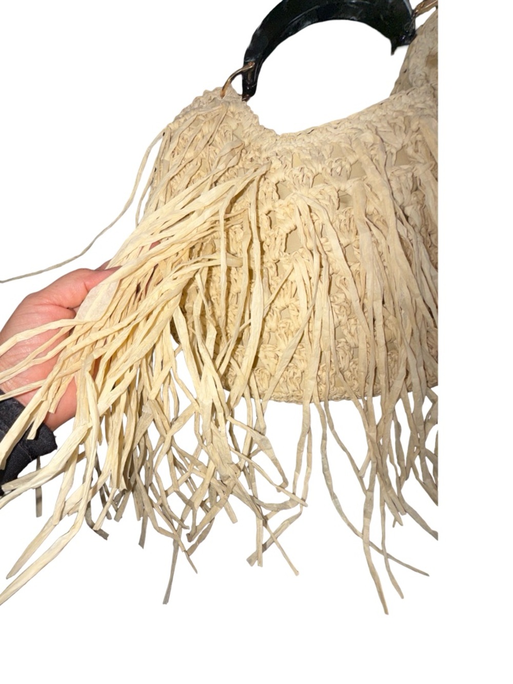 Natural Straw Fringe Tote with Black Handle - Picture 6 of 16